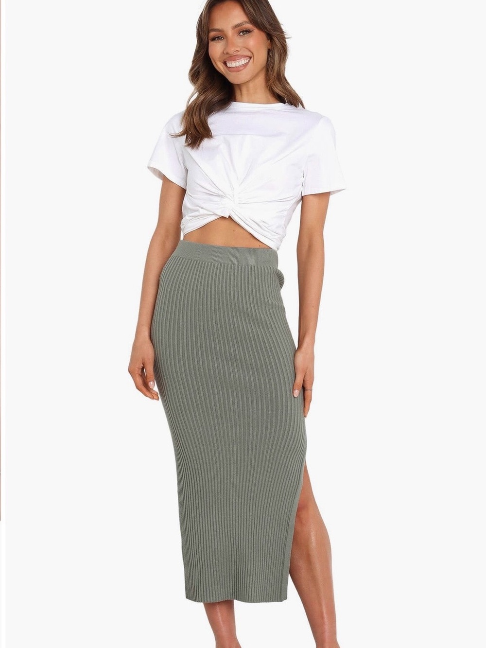 Petal & Pup Olive Ribbed Midi Skirt with Side Slit